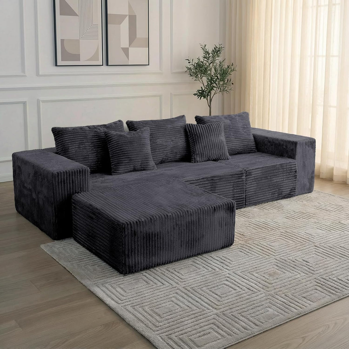 Brook Corduroy Sectional with Ottoman 109", 4-Seat, Volcanic Ash