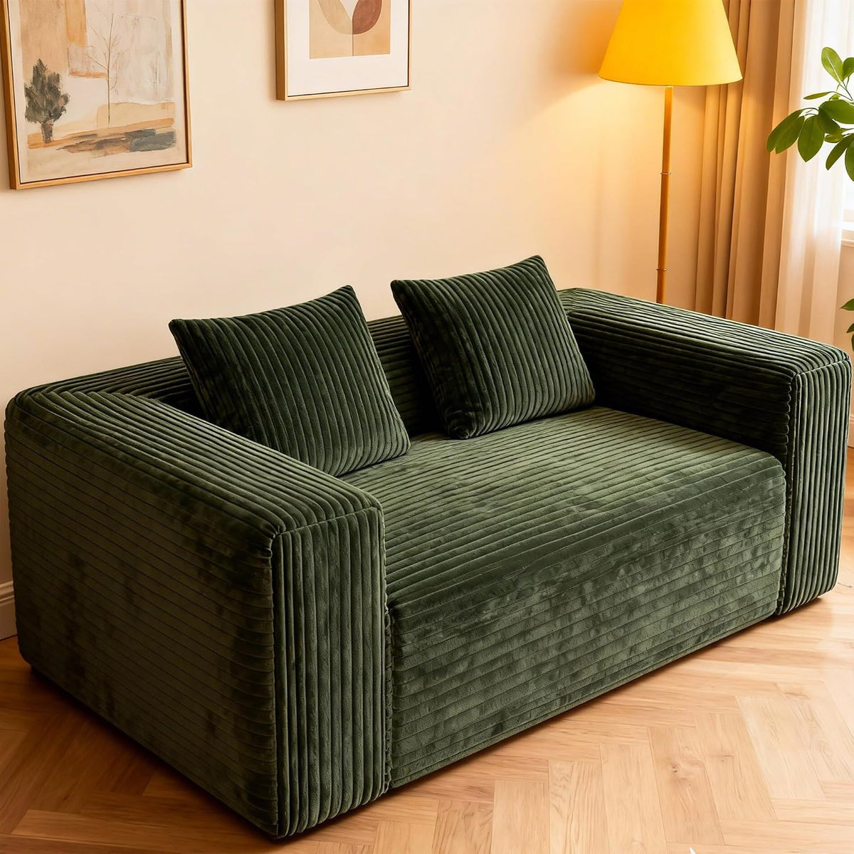 63" 2 Seater Boneless Sofa, Cloud Loveseat Sofa in a Box for Living Room, Corduroy Couch Memory Foam Couch No Assembly Needed Floor Sofa Lounge for Living Room Bedroom, Green