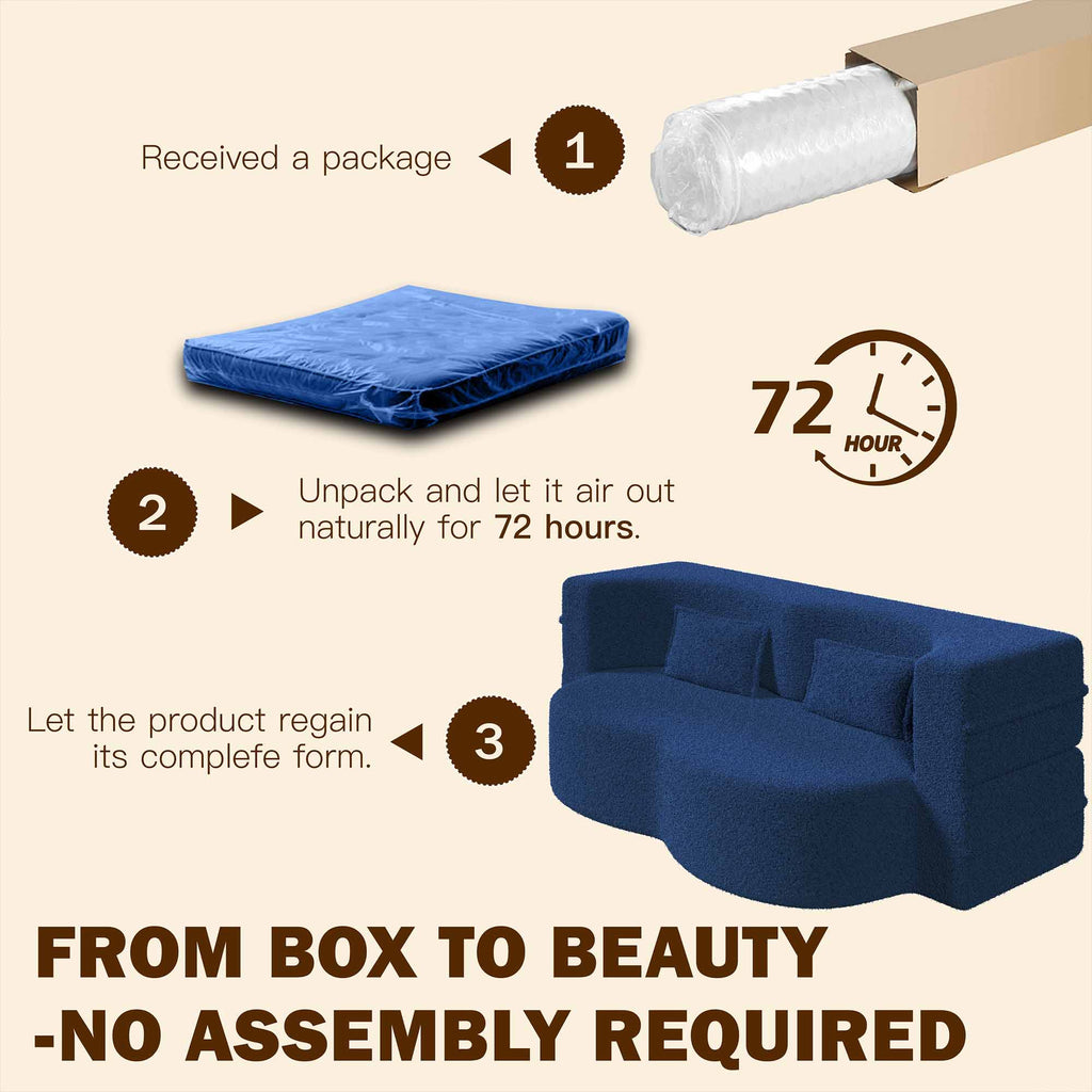 Full Size Boneless Couch Bed, 15" Convertible Folding Futon Sofa Bed with 2 Pillows, Teddy Fabric Foam Sleeper Couch, No Assembly, Blue