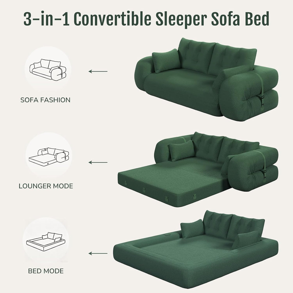 78.7 "Convertible Folding Sofa Bed, Human Dog Bed with 4 Pillows, Folding Floor Couch, Boneless Sofa in a Box for Living Room, Apartment, Guest Roomg (Green)