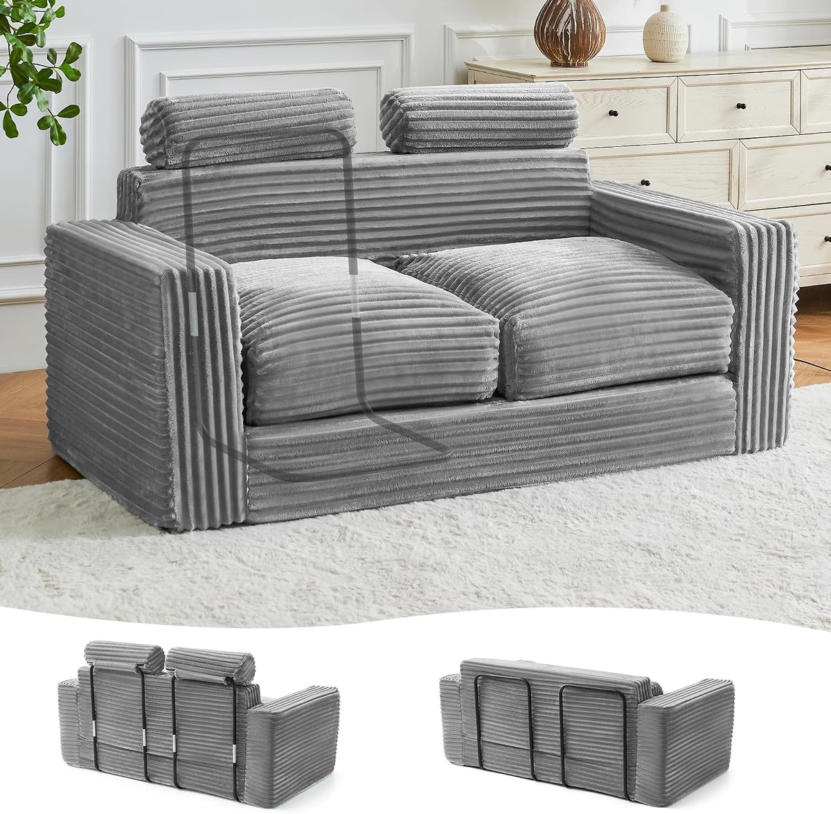 Bean Bag Chair Couch with Fixed-Shape Frame, Two Seat Giant Bean Bag Sofa for Adults, Boneless Loveseat Floor Sofa Couches for Living Room, Small Couch for Bedroom, Apartment, Office (Grey)