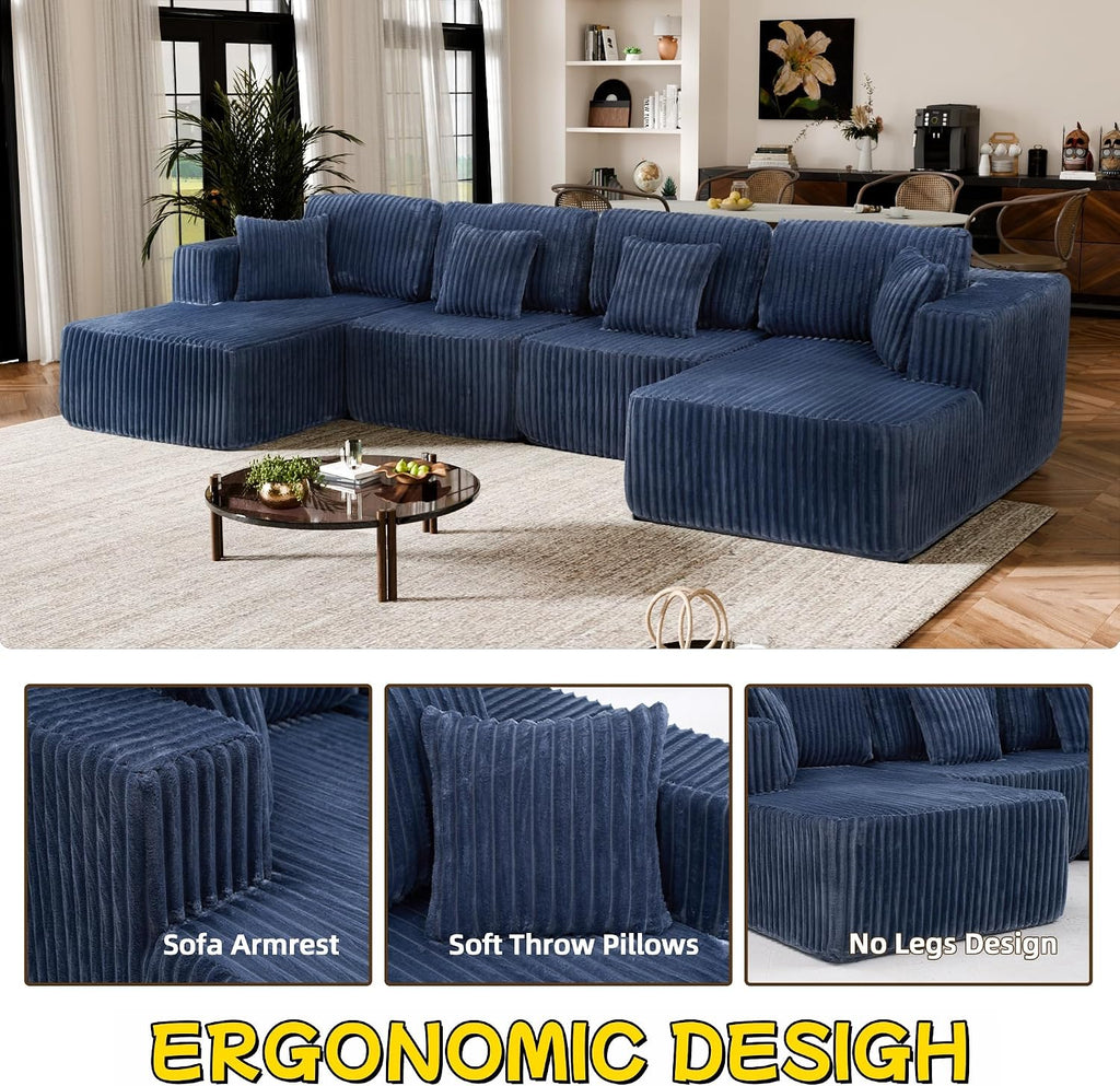 132" U Shaped Boneless Sectional Sofa with Double Chaise, Blue