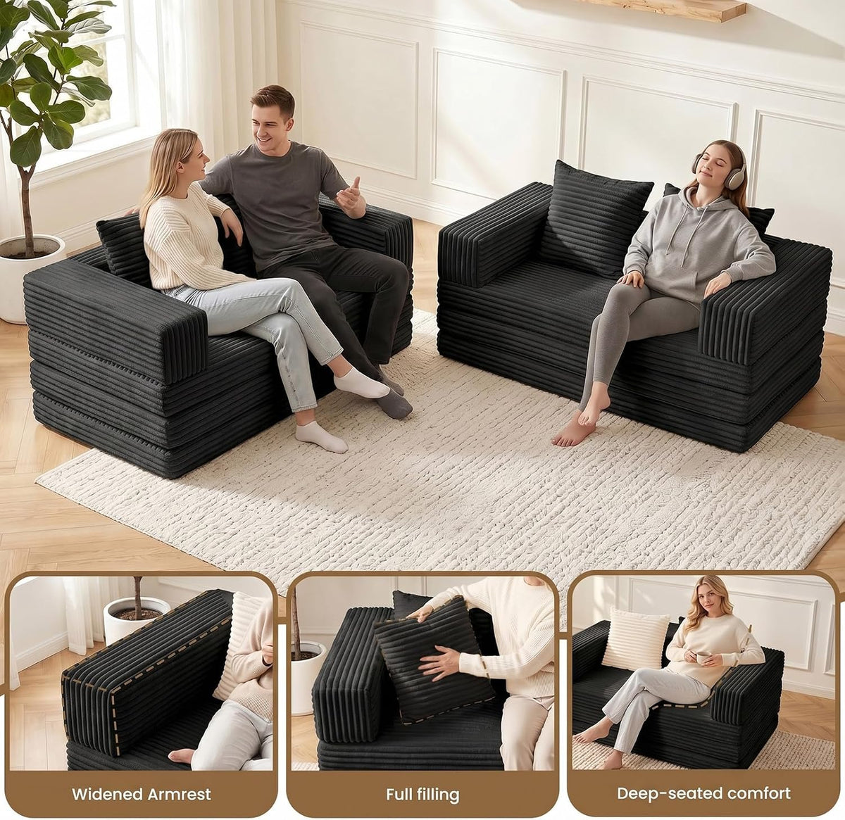Boneless Loveseat Sofa Bed,Small Couch Bed Futon Sleeper Sofa,Convertible Pull Out Couch with Removable Armrests Backrest,Corduroy Folding Floor Boneless Couch for Living Room,Small Space,Black