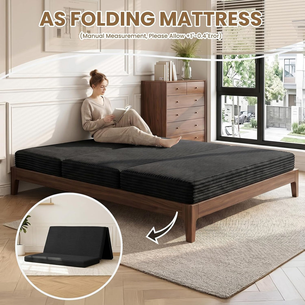 Boneless Loveseat Sofa Bed,Small Couch Bed Futon Sleeper Sofa,Convertible Pull Out Couch with Removable Armrests Backrest,Corduroy Folding Floor Boneless Couch for Living Room,Small Space,Black