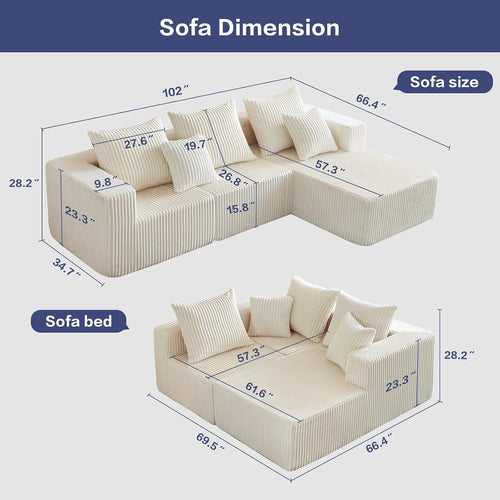 102" Sectional Couches for Living Room,Boneless Cloud Couch,L-Shaped Sofa with Oversized Deep Seat,Comfy Couch for Apartment,Compressed Sofa in a Box,No Assembly Required(Corduroy,Beige)