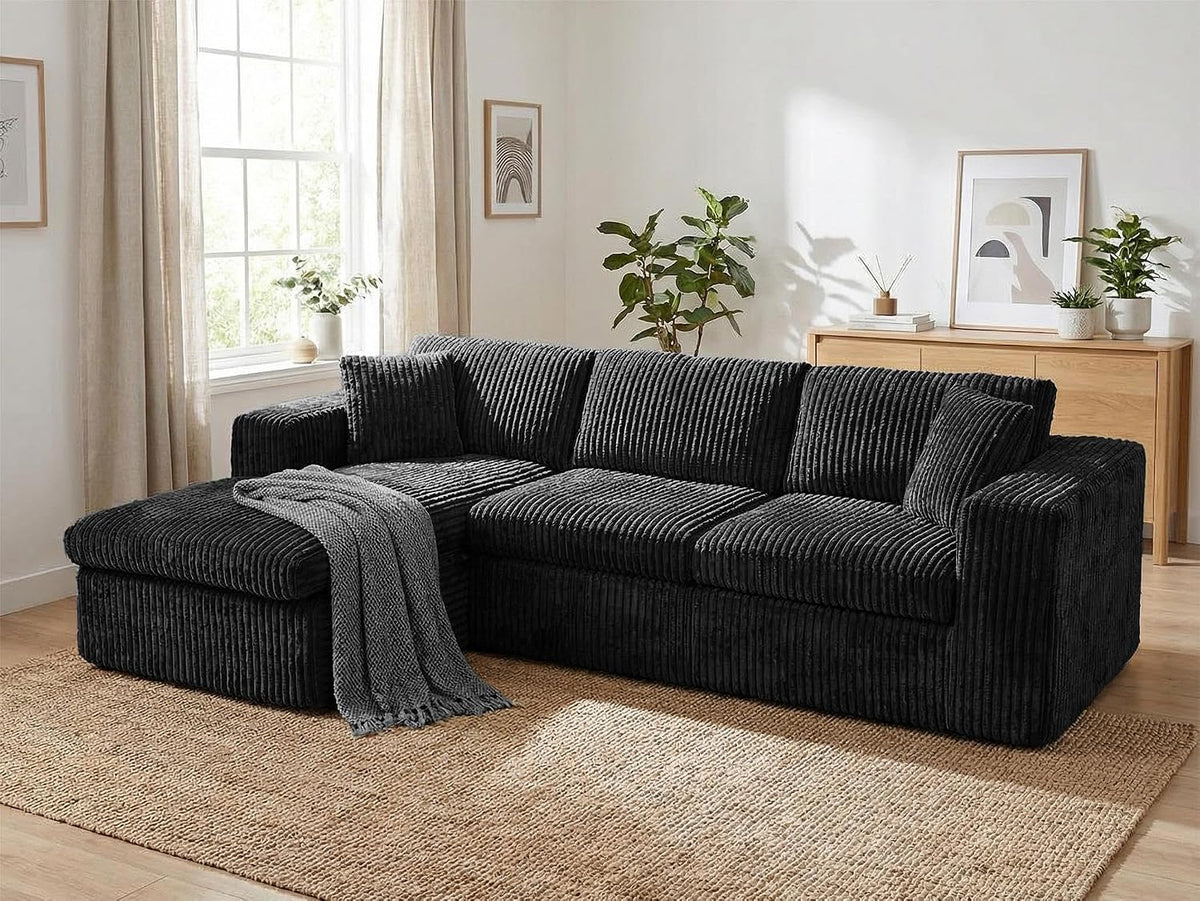 105" Boneless Couches for Living Room, Sectional Couches Modular Sofa with L-Shaped Chaise, Memory Foam Comfy Cloud Couch with Plush Corduroy Fabric, No Assembly Required, Black