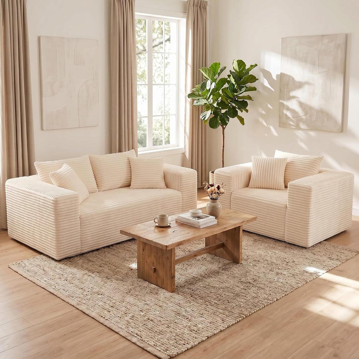 2 Pieces Modular Sectional Boneless Couch Set Indoor, Deep Seat Couch Including a Loveseat & a Single Chair, Modern Corduroy Sofa Set with Armrests & Pillows,No Assembly Required, Beige