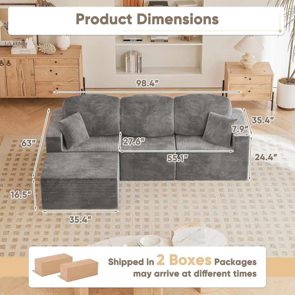 98.4" Boneless Couches for Living Room, Comfy Modular Sectional Couch, Cloud Couch with Deep Seat, L-Shaped Sofa with Ottoman, Grey