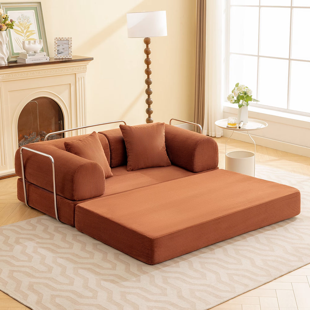 63" W Convertible Boneless Sofa Bed, Folding Corduroy Sofa Couch, No Assembly Floor Sleeper Sofa Couch for Living Room, Bedroom, Pumpkin Brown