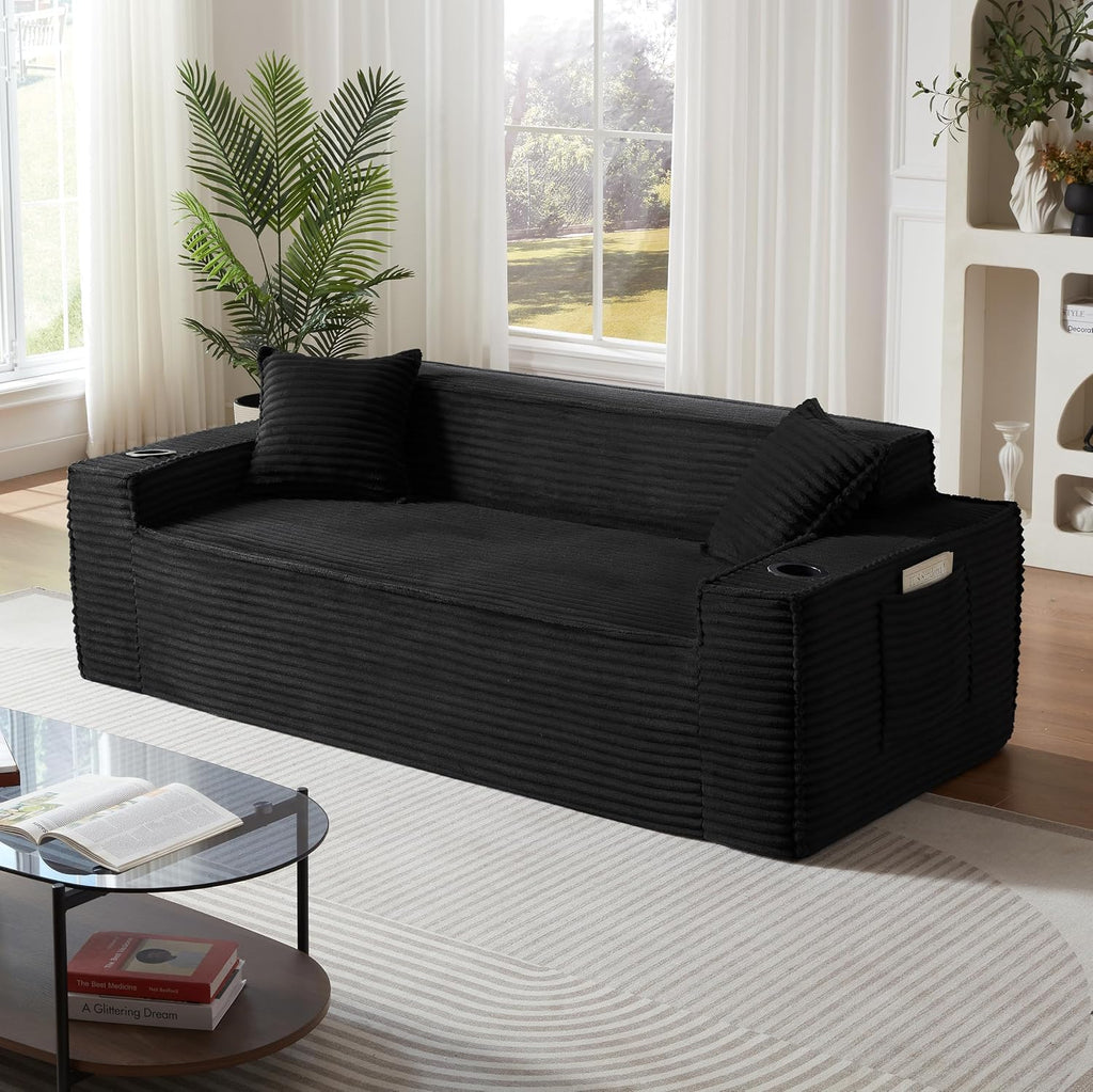 Cloud Loveseat Boneless Sofa Couch in a Box with Cupholders, Modern Corduroy Compressed Sofa for Living Room, 3 Seater High-Density Foam Couch with Pillows, No Assembly Required