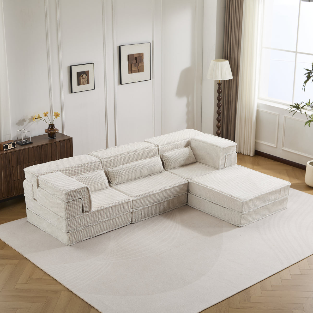 Mahjong Sofa, 4-Seat, 3 Pillows, White