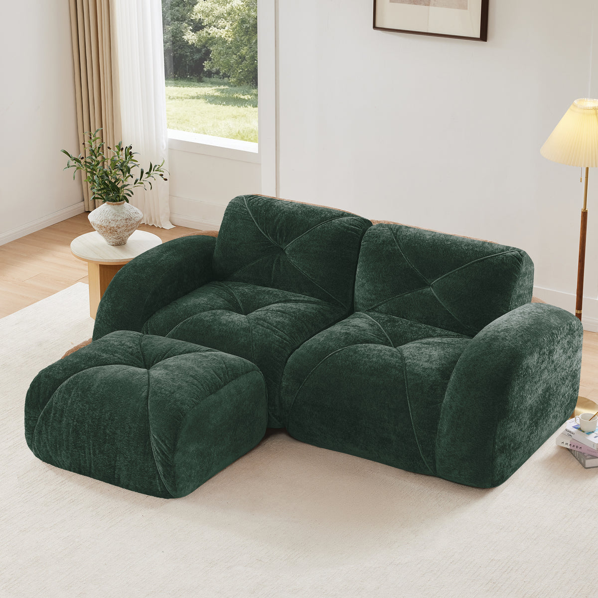 L-Shaped Sectional Sofa, 2-Seat, Ottoman, Green