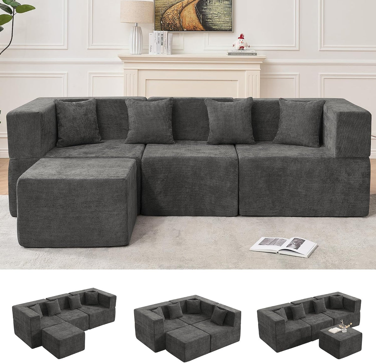 Chenille L-Shaped Cloud Sectional 103" with Ottoman, 4-Seat