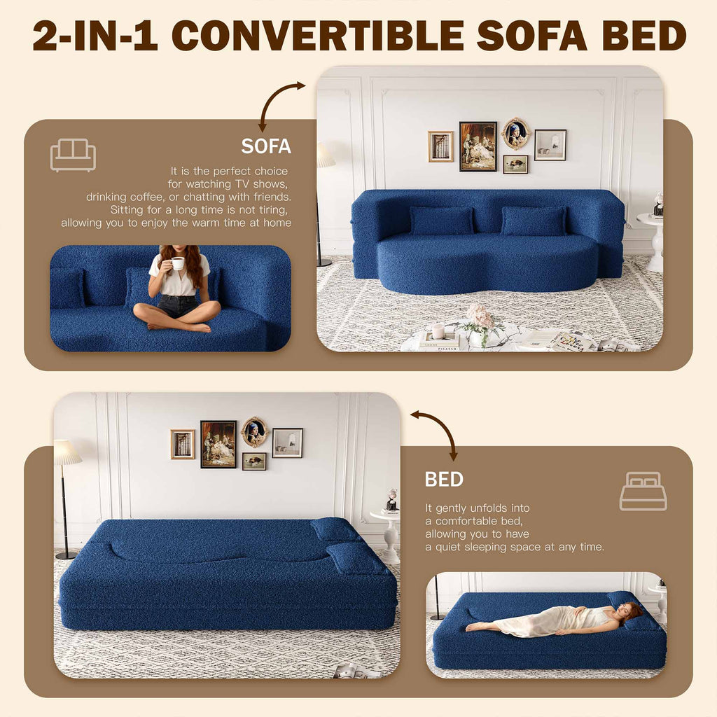 Full Size Boneless Couch Bed, 15" Convertible Folding Futon Sofa Bed with 2 Pillows, Teddy Fabric Foam Sleeper Couch, No Assembly, Blue