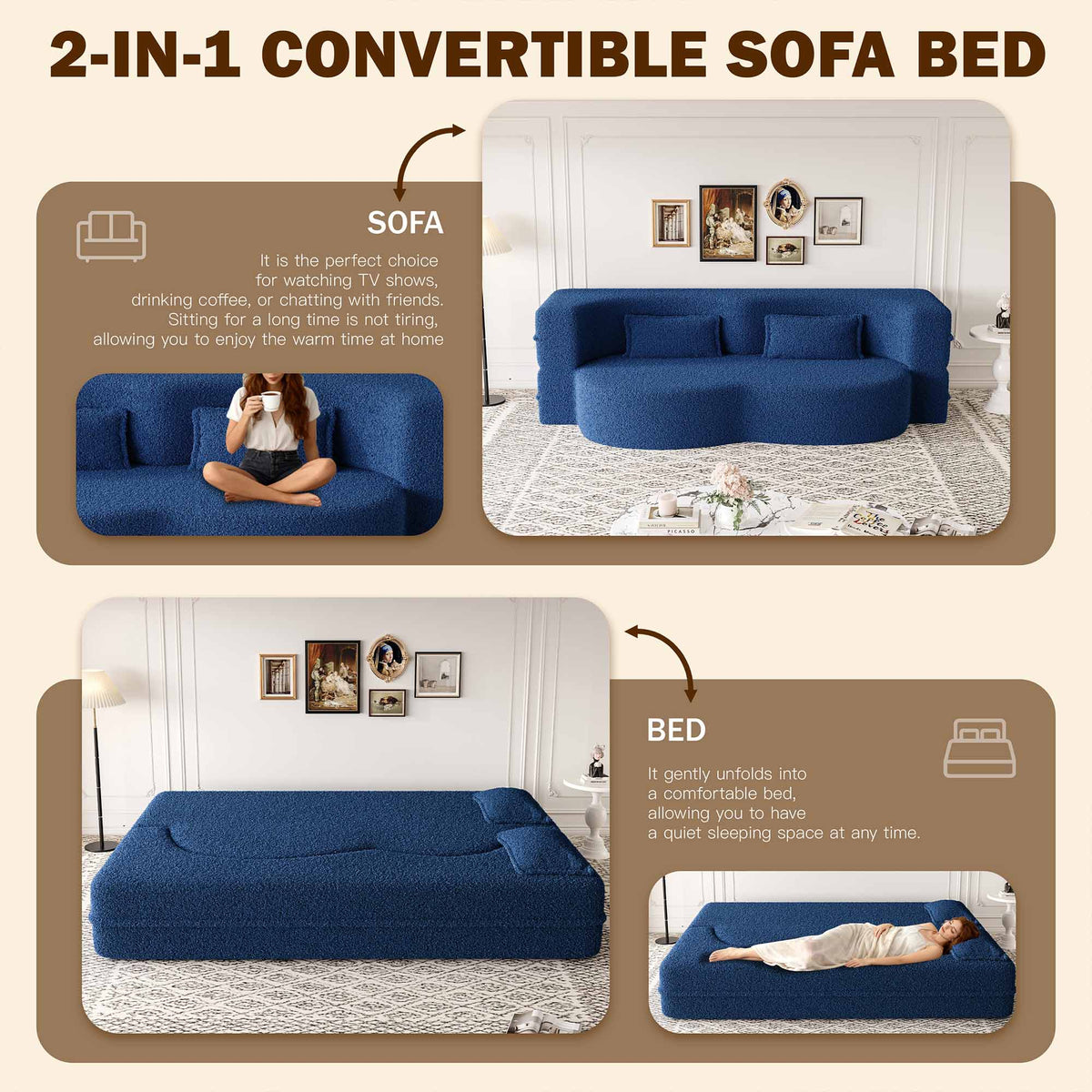 Full Size Boneless Couch Bed, 15" Convertible Folding Futon Sofa Bed with 2 Pillows, Teddy Fabric Foam Sleeper Couch, No Assembly, Blue