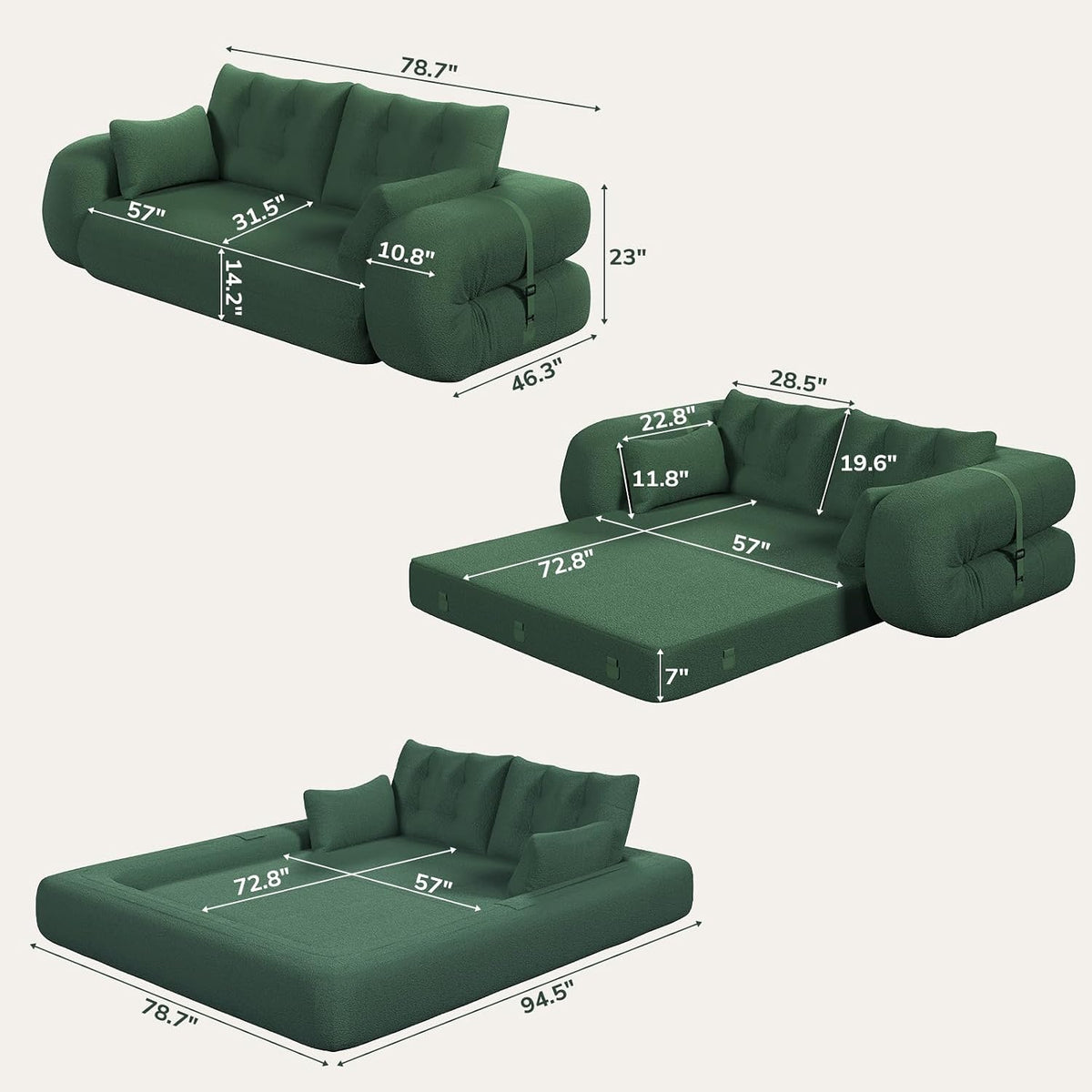 78.7 "Convertible Folding Sofa Bed, Human Dog Bed with 4 Pillows, Folding Floor Couch, Boneless Sofa in a Box for Living Room, Apartment, Guest Roomg (Green)
