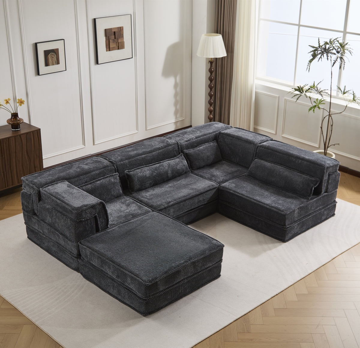 Mahjong Sofa, 4-Seat, Ottoman, Dark Gray