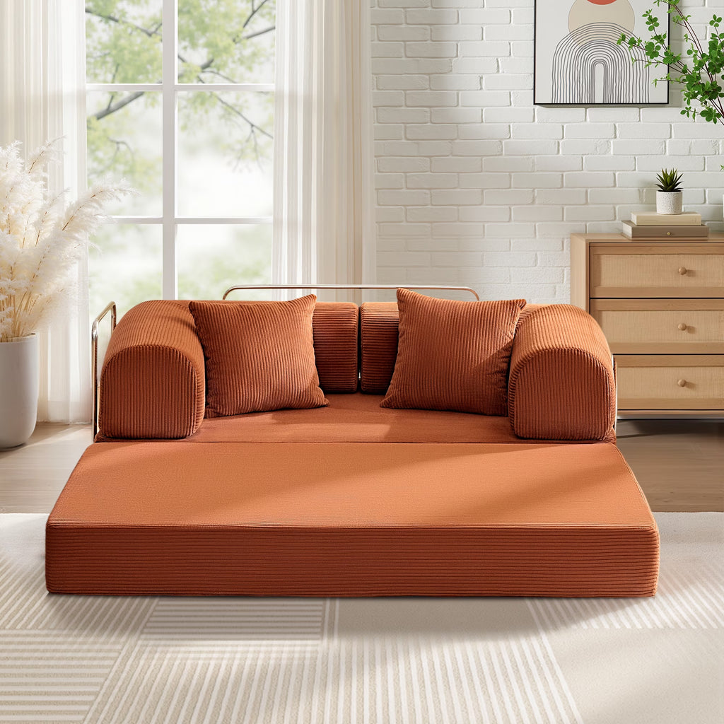 63" W Convertible Boneless Sofa Bed, Folding Corduroy Sofa Couch, No Assembly Floor Sleeper Sofa Couch for Living Room, Bedroom, Pumpkin Brown