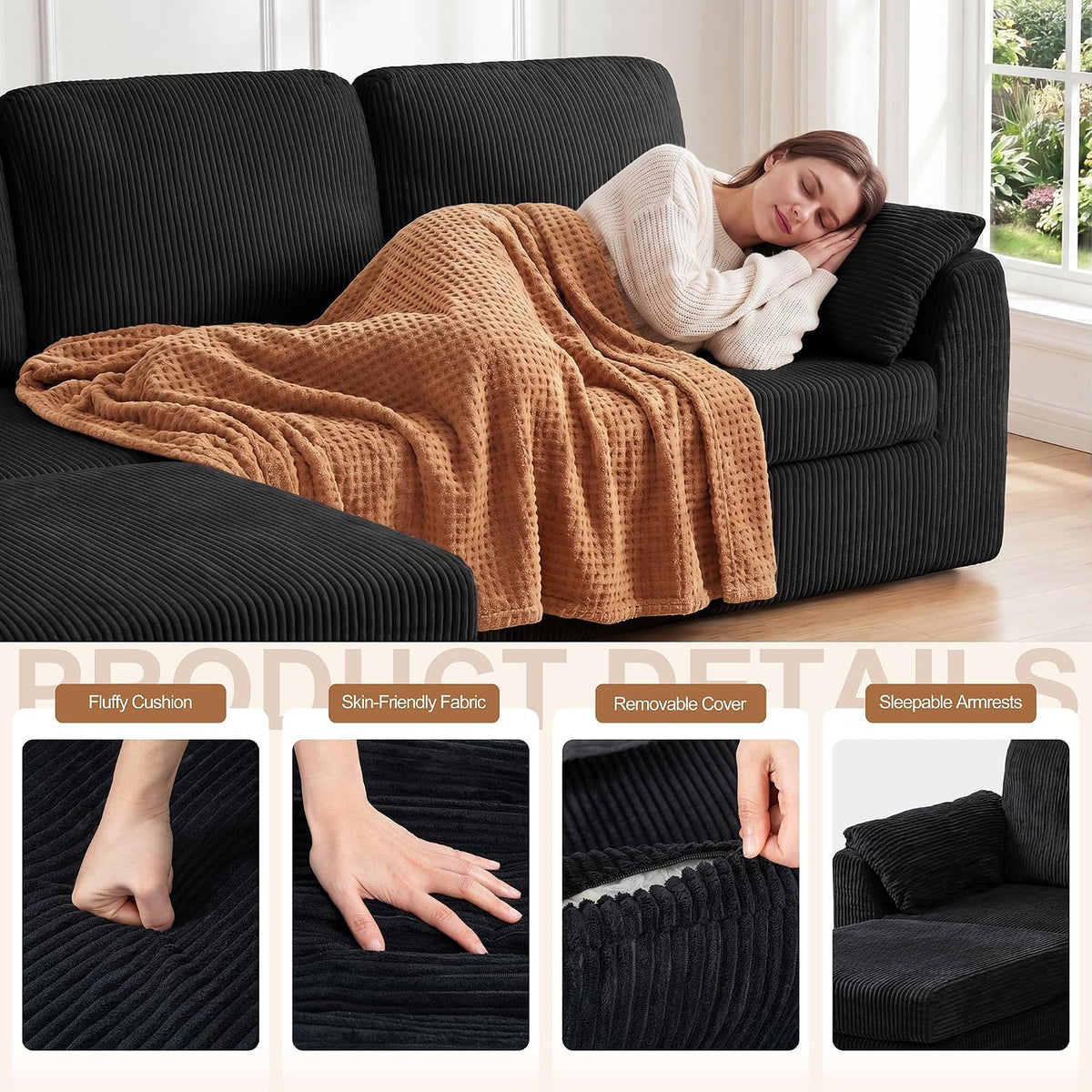 Boneless Convertible Sectional Sofa Couch Black