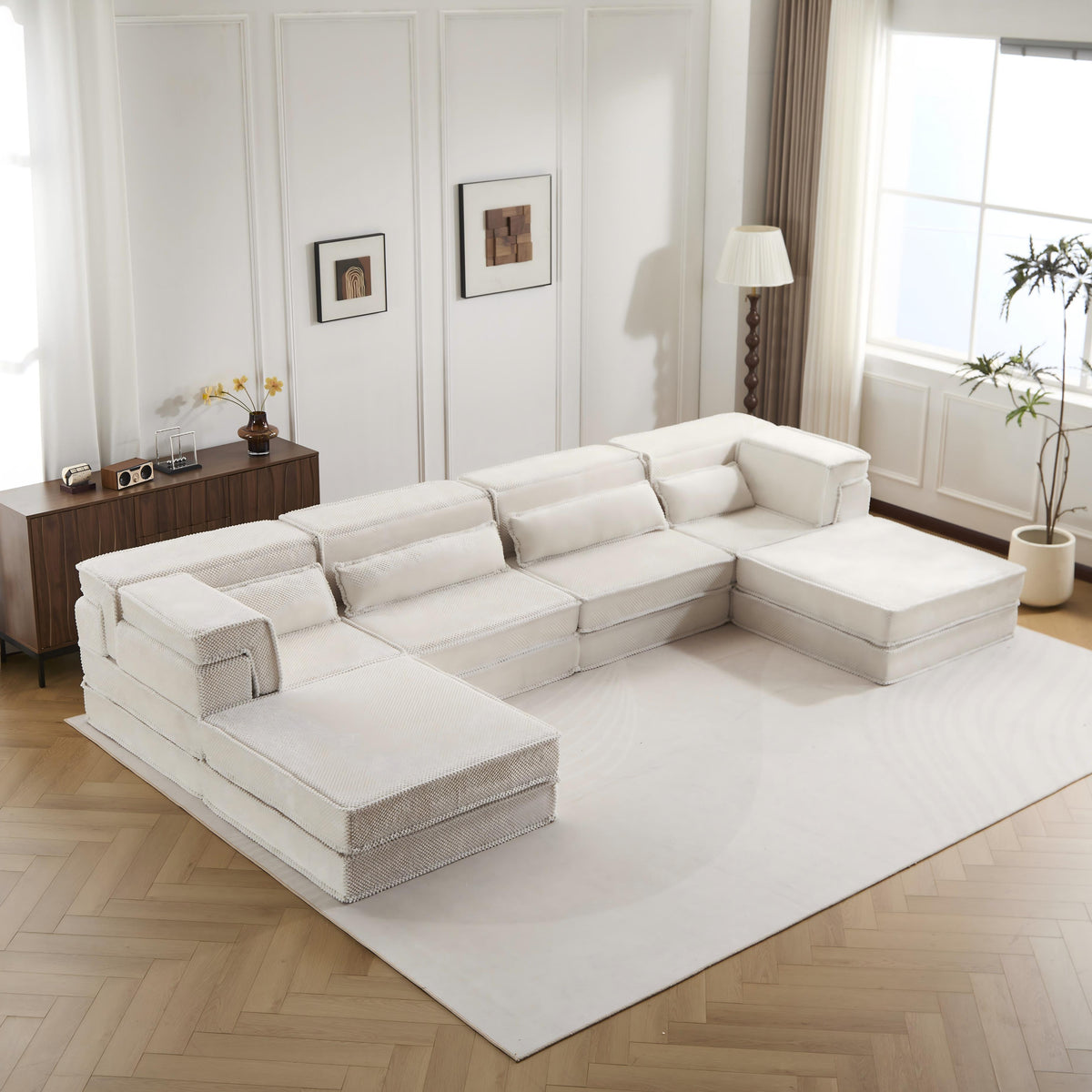 Mahjong Sofa, 4-Seat, 2 Ottomans, White