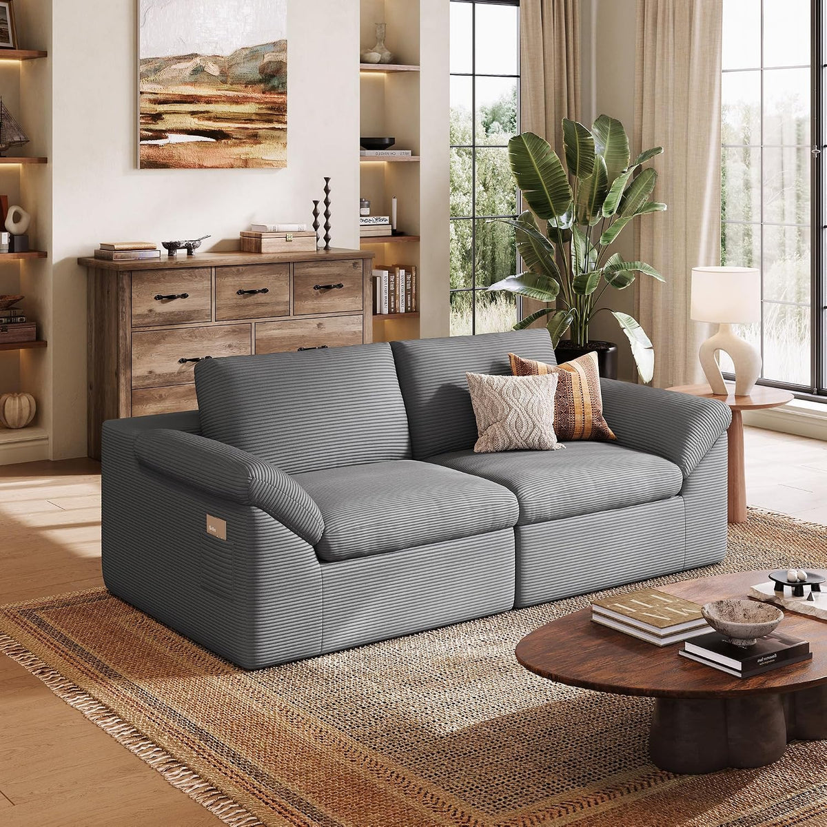 Modern Boneless Cloud Couch Set, Deep Seat Corduroy Secional Loveset Sofa Sets for Living Room, Apartment, Office, No Assembly Required, Grey